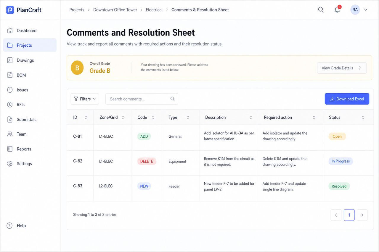 Comments and Resolution Sheet table ready to export